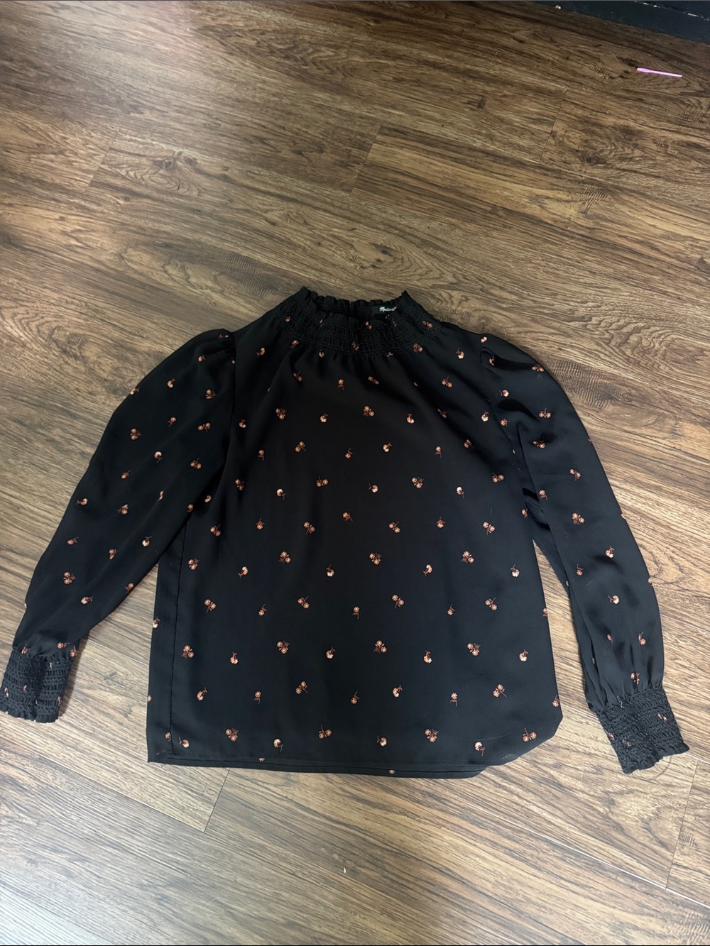 Madewell Black Long-Sleeve Smocked Neck Blouse with Copper Floral Motif